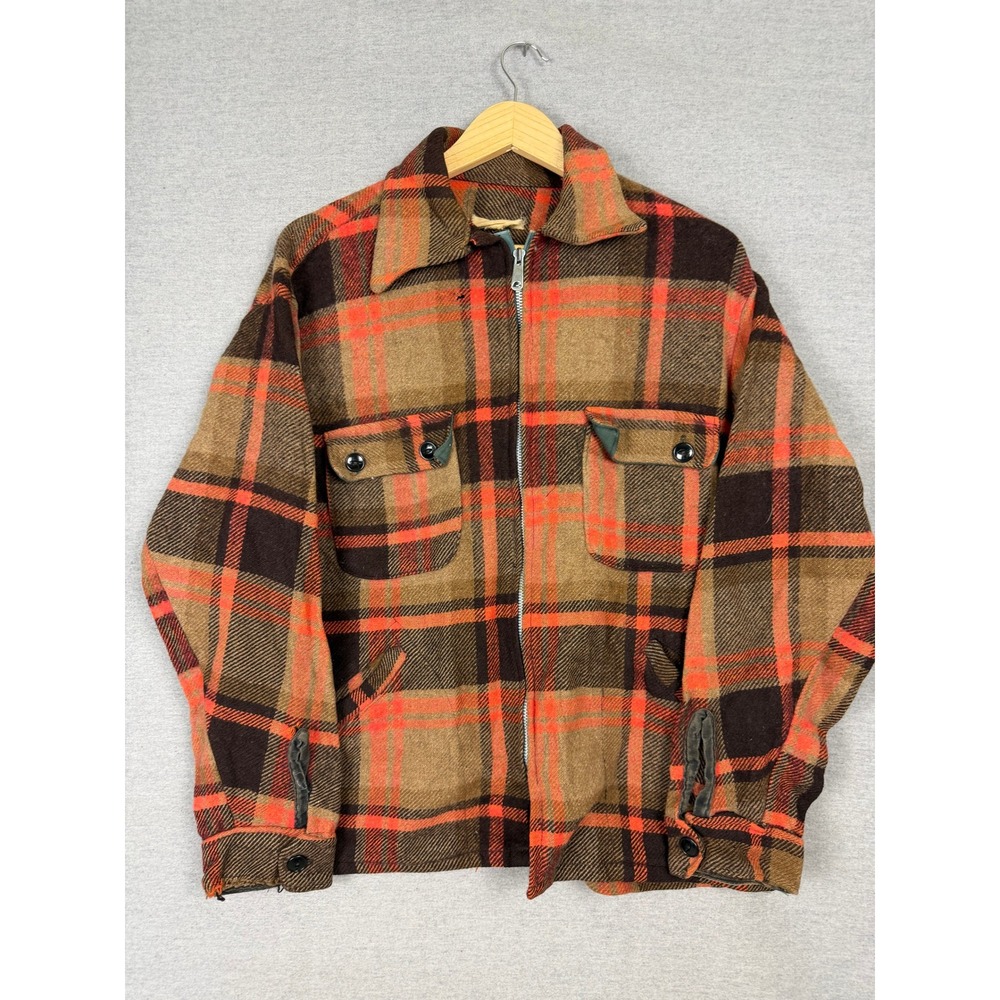 Vintage 60s Plaid Wool Flannel‎ Jacket Brown Orange Full Zip Workwear 46 Chest